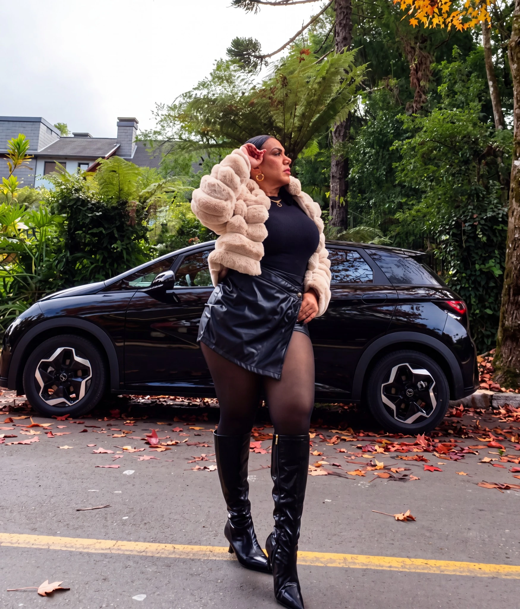 Sara Santos ao lado de um veículo preto em Gramado